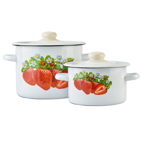 Novomoskovsjka Posuda Strawberry Cylindrical Enamel Pot with Lid Set of 2 pcs 2.1 Qt (2 L)/4.8 Qt (4.5 L) Enameled Steel Stockpots Cooking Pot Induction Pot Kitchen Pot Stock Pot Soup Pot