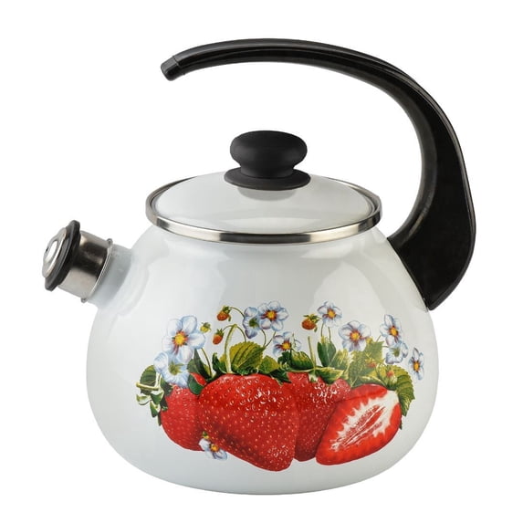 Novomoskovsjka Posuda Strawberry Enamel Kettle with Whistle 2.7 Qt (2.5 L) Enameled Steel Stovetop Kettle with Ergonomic Handle Tea Kettle Tea Pot for Stove Top Enamelware Kitchen Kettle, White Red