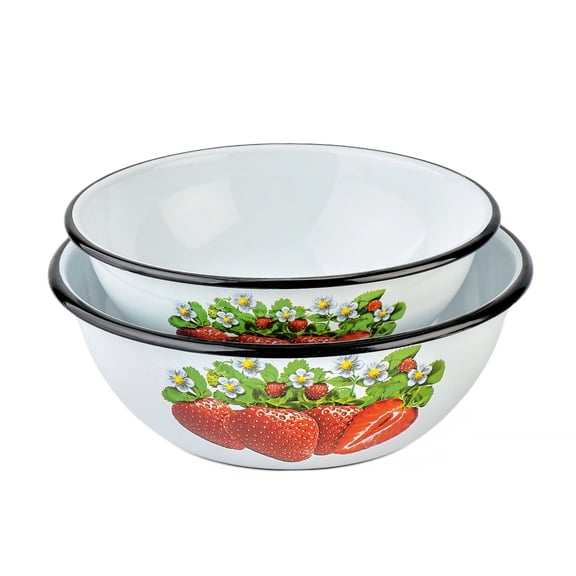 Novomoskovsjka Posuda Strawberry Enamel Serving Bowl Set of 2 pcs Shatterproof Enameled Steel Fruit and Salad Bowls for Cooking Enamel Mixing Bowl for Indoor and Outdoor Use Metal Bowls