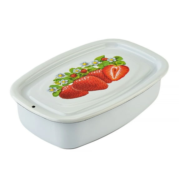 Novomoskovsjka Posuda Strawberry Enamel Tray with Lid 1.6 Qt (1.5 L) Enameled Steel Food Storage Container for Kitchen Enamelware Vintage Style, White and Red