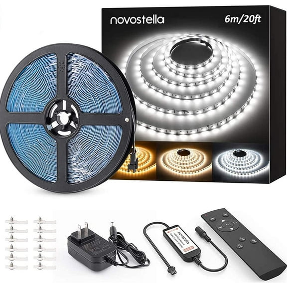 Novostella 20ft Tunable White LED Strip Light Kit, 3000K-6000K Dimmable Tape Light, Flexible Ribbon for Bedroom Mirror Kitchen Bar Cabinet, Daylight, Warm White, Remote Control