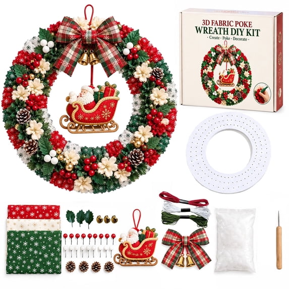 Novryn 3D Fabric Poke Wreath Art Kit, 12 Inch Handmade Fabric Wreath Art Kit With Ornaments Instruction Guide And Poke Tool, DIY Christmas Vintage Holiday Decoration for Beginner