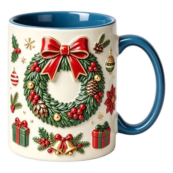 Novryn Christmas Coffee Mug, 2D Ceramic Cup With Raised Wreath Design for Coffee and Milk, 10 oz, Blue