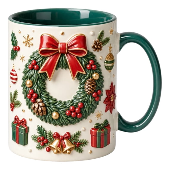 Novryn Christmas Coffee Mug, 2D Ceramic Cup With Raised Wreath Design for Coffee and Milk, 10 oz, Green