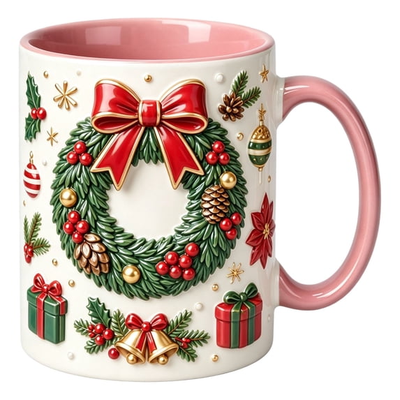 Novryn Christmas Coffee Mug, 2D Ceramic Cup With Raised Wreath Design for Coffee and Milk, 10 oz, Pink