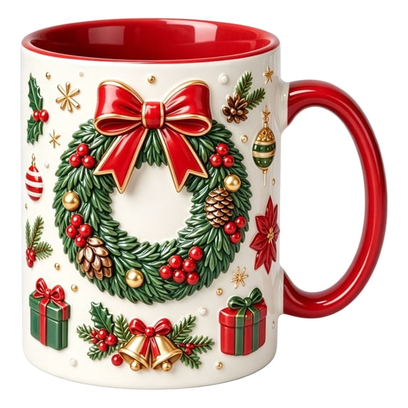 Novryn Christmas Coffee Mug, 2D Ceramic Cup With Raised Wreath Design for Coffee and Milk, 10 oz, Red