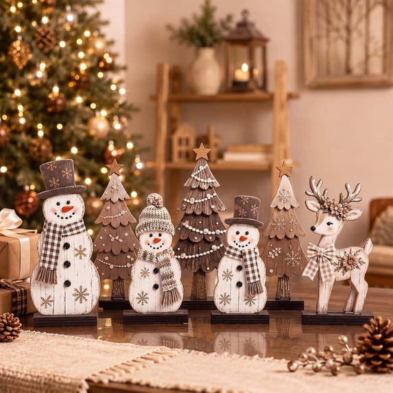 Novryn Christmas Wooden Tabletop Decor Set of 7, 6 x 2 Inch Snowman Reindeer Table Decor, Rustic Wooden Accent for Tabletop and Wall Display