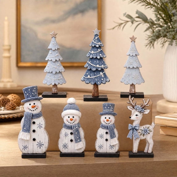 Novryn Christmas Wooden Tabletop Decor Set of 7, 6 x 2 Inch Snowman Reindeer Table Decor, Rustic Wooden Accent for Tabletop and Wall Display