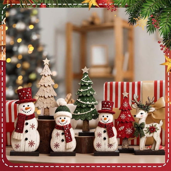 Novryn Christmas Wooden Tabletop Decor Set of 7, 6 x 2 Inch Snowman Reindeer Table Decor, Rustic Wooden Accent for Tabletop and Wall Display