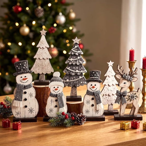 Novryn Christmas Wooden Tabletop Decor Set of 7, 6 x 2 Inch Snowman Reindeer Table Decor, Rustic Wooden Accent for Tabletop and Wall Display