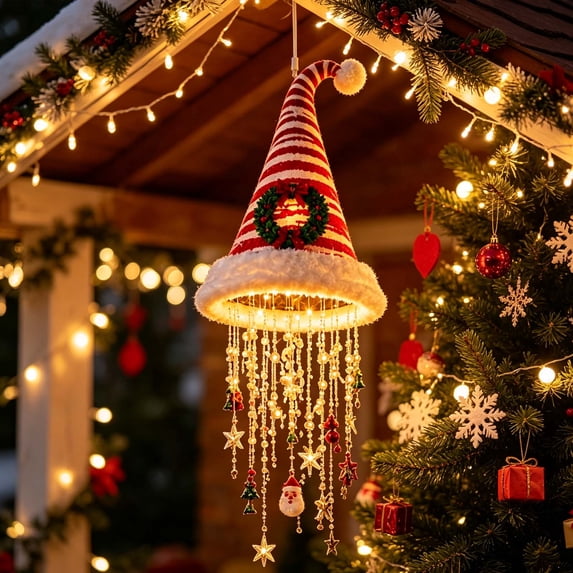 Novryn Lighted Santa Hat Hanging Chandelier, Pre Lit Christmas Santa Hat Decor with Warm LED Lights and Hanging Holiday Charms, Indoor Outdoor Covered Decor
