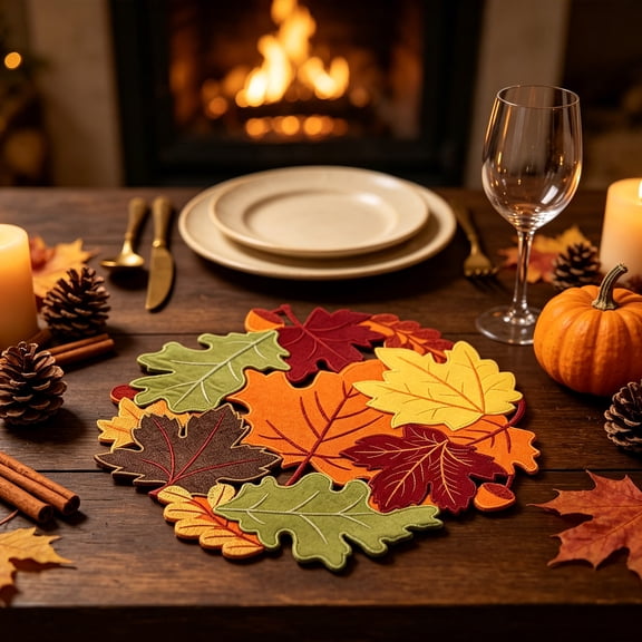 Novryn Thanksgiving Maple Leaf Placemat, 15 x 15 Inch Embroidered Cut Out Table Mat, Seasonal Kitchen and Table Textile for Fall Home