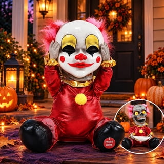 Novtech 13'' Halloween Animatronics Clown Decor, Dropping Mask Skull Reveal, Sound & Touch Activated, Sitting, Creepy Voice & Light-Up Eyes for Indoor Halloween Decorations Haunted House Table Decor