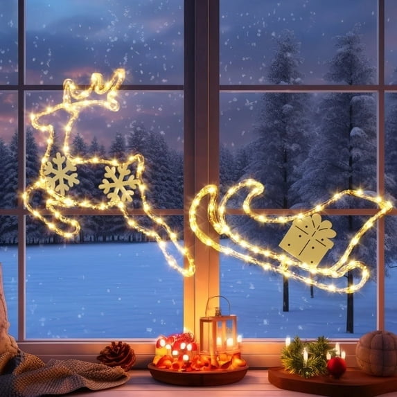 Areker Christmas Reindeer Sleigh Window Lights,95 LEDs Window Lighted Decor,Battery Operated 8 Modes&Timer,Waterproof Silhouette Lights for Christmas Holiday Window Decor
