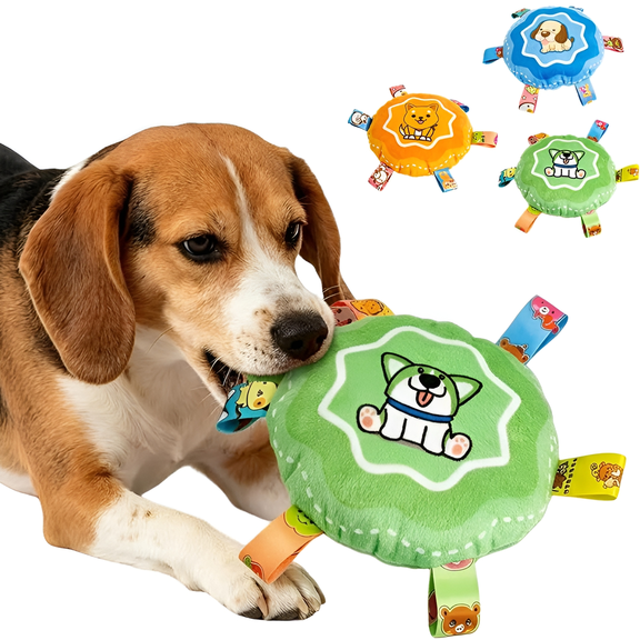 Novura Squeaky Plush Frisbee Dog Toy – Soft Flying Disc with Ribbon Tags, Interactive Fetch & Chew Toy for Small to Large Dogs
