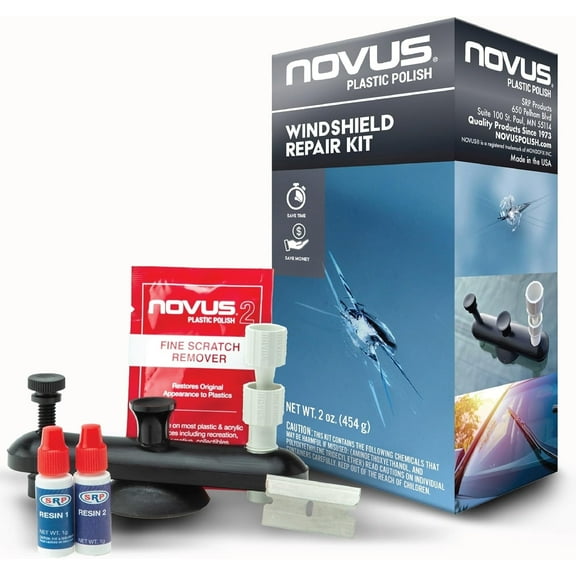 Novus Plastic Polish | DIY Chip Repair Kit | One SRP DIY Bridge, One SRP Resin Injector, One SRP Resin 1, One SRP Resin 2, SRP Curing Film, One Razor Blade, 1 Pack of Novus #2