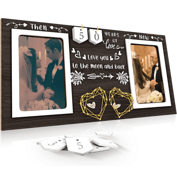 Then & Now Anniversary Picture Frame - 1-99 Years Anniversary Wedding Gift for Couple, Christmas Gift for Couples Wood Photo Frame,Engagement Bridal Shower Gifts, Holds 2 4x6 Inches Photos