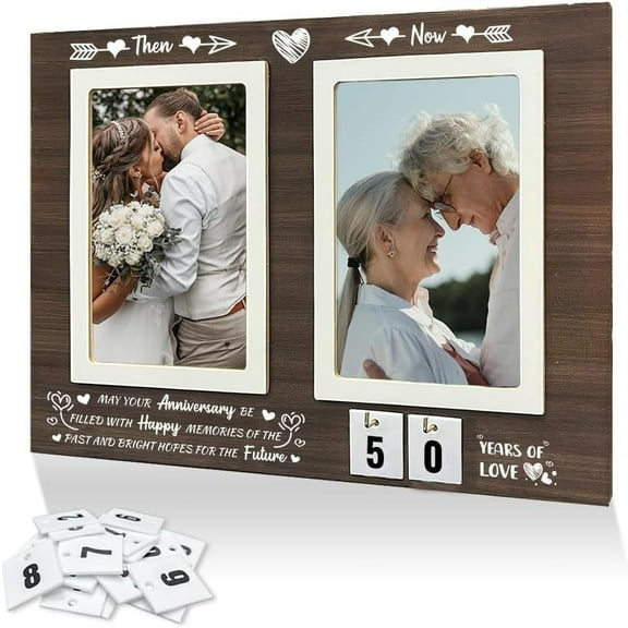 Then & Now Anniversary Picture Frame Happy Memorial Photo Frame Anniversary 1-99 Years Wedding Gift Ideas for Engagement Bridal Shower Gifts 2pcs 3.5 5.5 Inches Photo