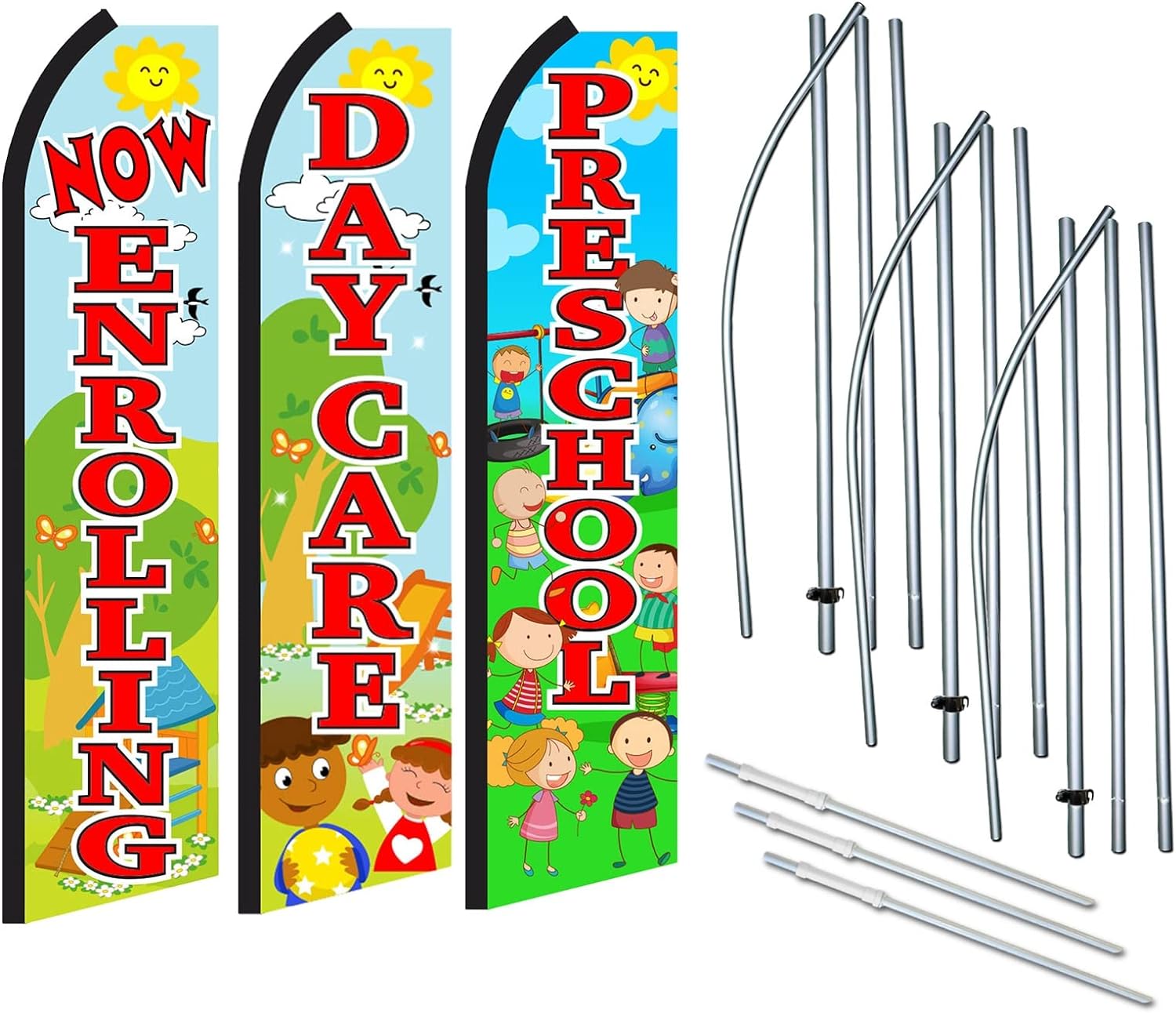 Now Enrolling/Preschool/Daycare 3 Pack Of Swooper Feather Flag Sets