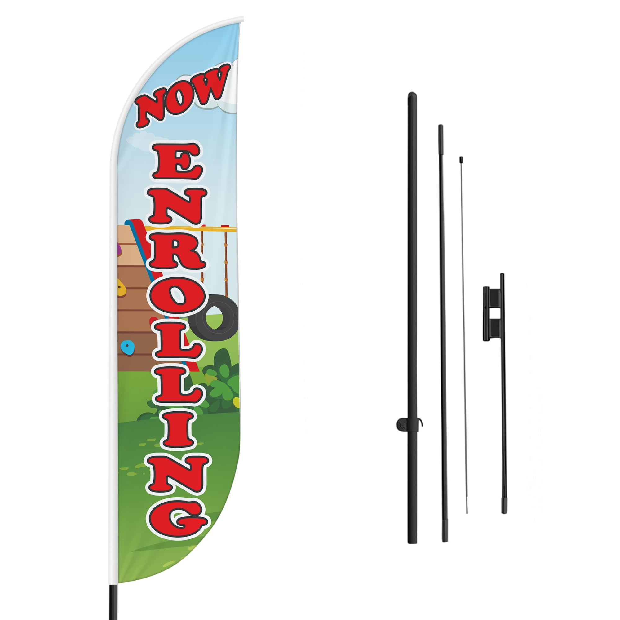 Now Enrolling Sign feather flag Pole Mount for Outdoor by Mavis Print | 15 FEET Long Outdoor Banner Flag Mount for Easy Hang | HD Print Swooper Flag Stand forNow Enrolling Advertising