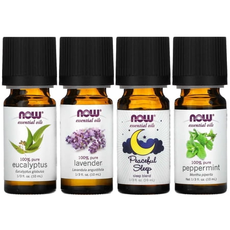 Now Essential Oils, Let There Be Peace & Quiet Aromatherapy Kit, 4X 10Ml Including Lavender Oil, Peppermint Oil, Eucalyptus Oil And Peaceful Sleep Oil Blend With Child Resistant Caps