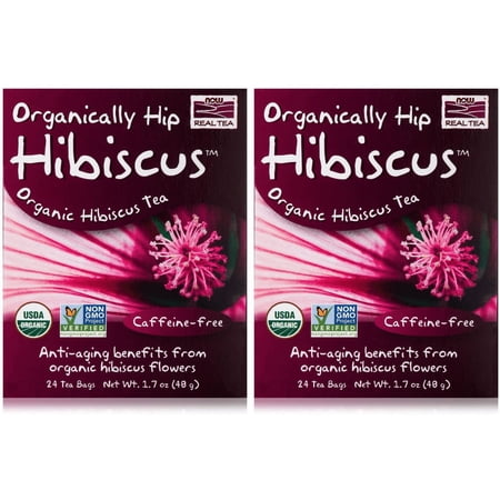Now Foods, Organic Real Tea, Organically Hip Hibiscus, Caffeine-Free, 24 Tea Bags, 1.7 oz (48 g) - 2 Packs