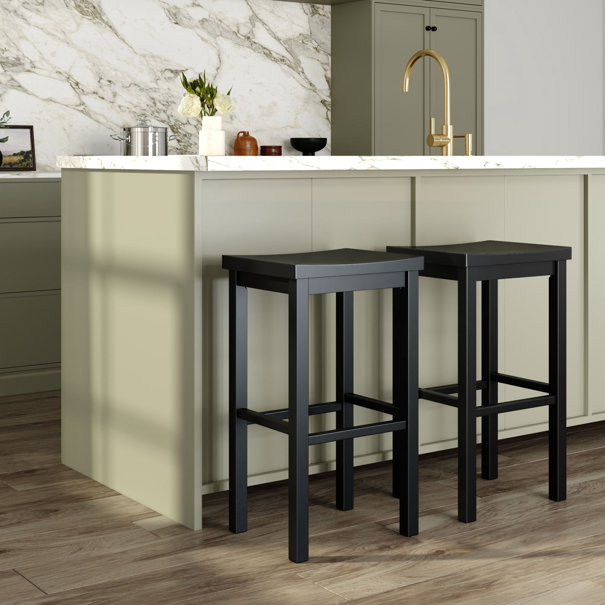 Now Furniture 30" Bar Stool, Set of 2 Wooden Backless Bar Height Kitchen Stool, Black