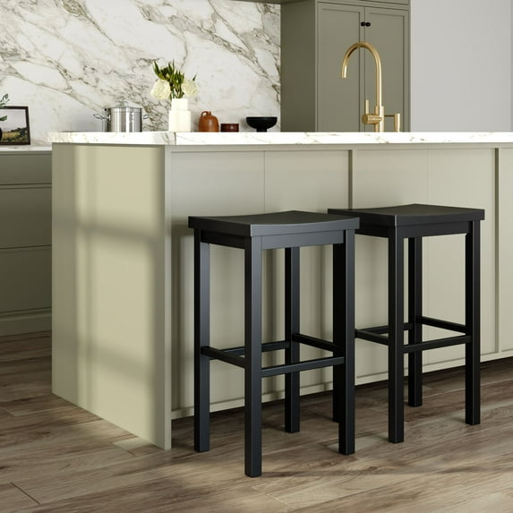 Now Furniture 30" Bar Stool, Set of 2 Wooden Backless Bar Height Kitchen Stool, Black