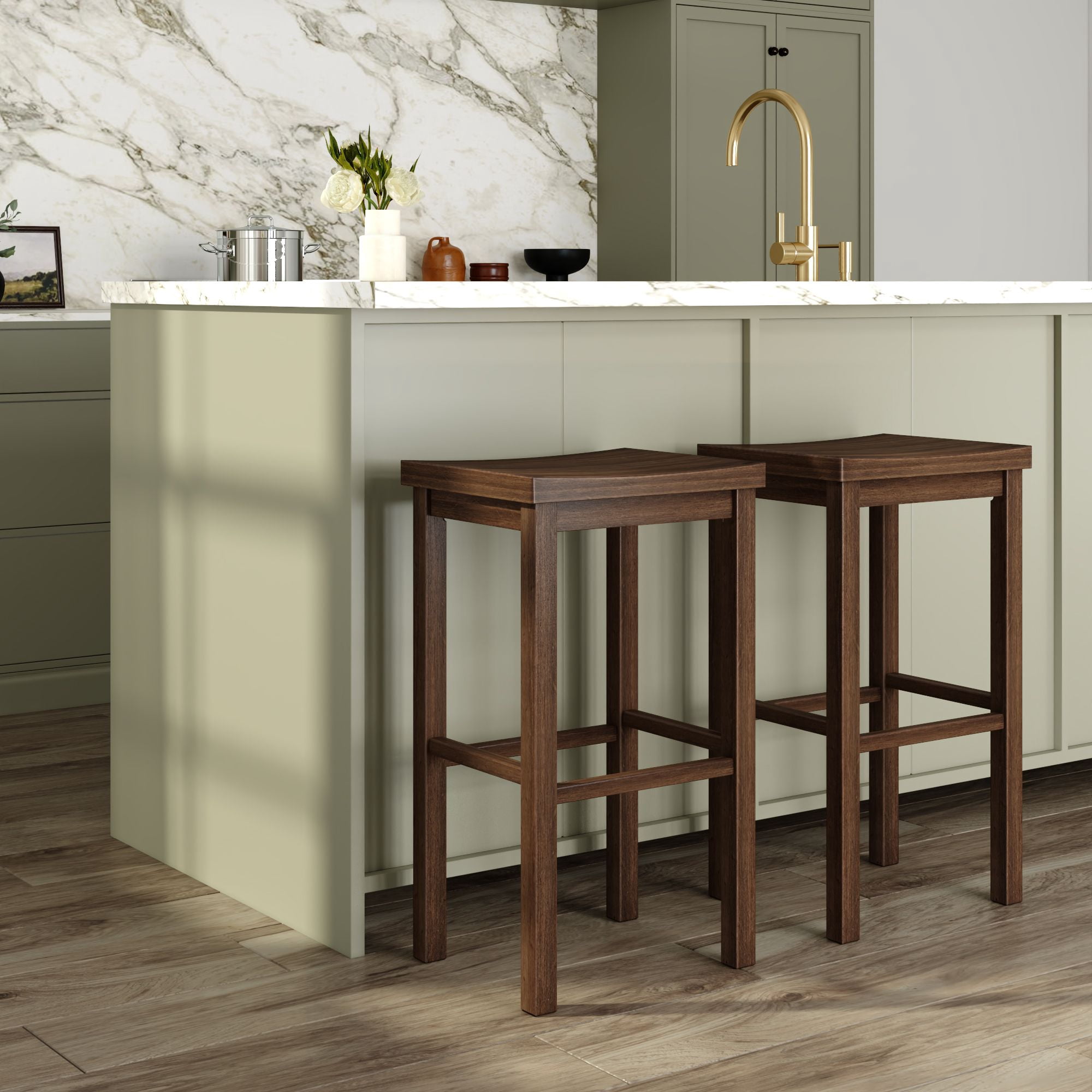 Now Furniture 30" Bar Stool, Set of 2 Wooden Backless Bar Height Kitchen Stool, Walnut