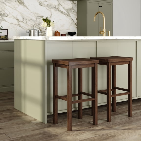 Now Furniture 30" Bar Stool, Set of 2 Wooden Backless Bar Height Kitchen Stool, Walnut