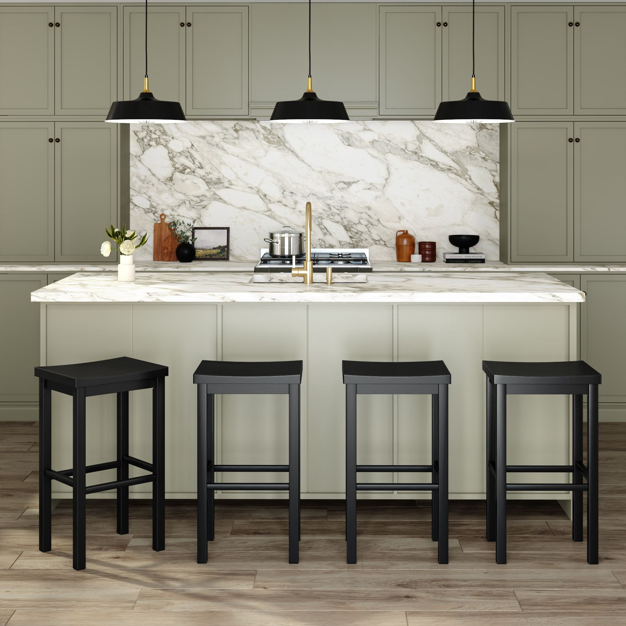 Now Furniture 30" Bar Stool, Set of 4 Wooden Backless Bar Height Kitchen Stool, Black