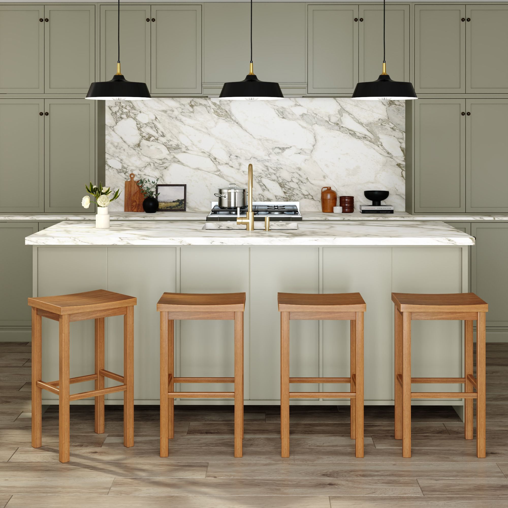 Now Furniture 30" Bar Stool, Set of 4 Wooden Backless Bar Height Kitchen Stool, Pecan