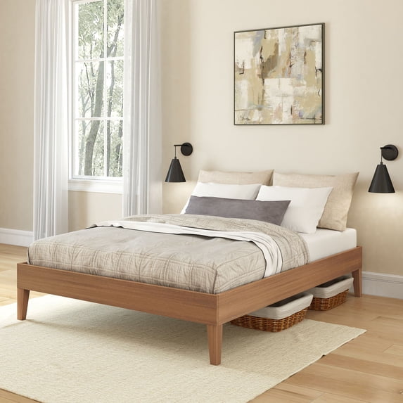 Now Furniture Full Size Bed Frame, Wooden Platform Bed, Textured Pecan