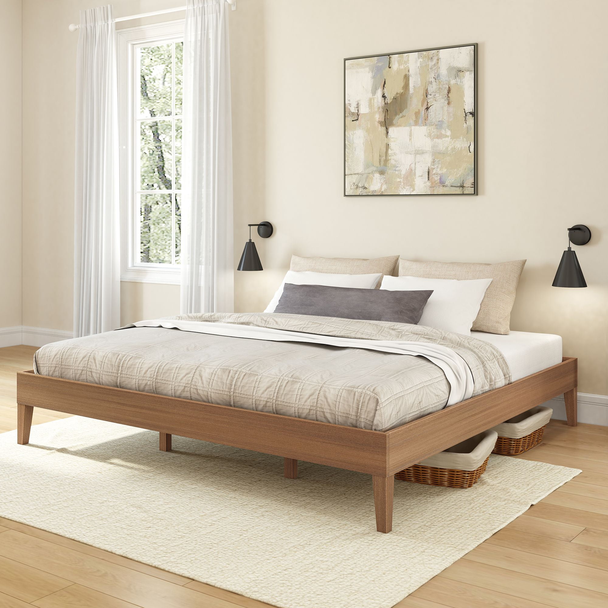 Now Furniture King Bed Frame, Wooden Platform Bed, Textured Pecan ...