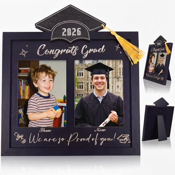 Then and Now Graduation Picture Frame Double 5x7 Photo Frame Class of 2026 Graduation Gifts for Son Daughter High School College Graduates Wooden Photoframe Graduate Keepsake(Silver,Grad Cap)