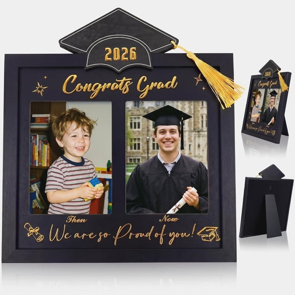 Then and Now Graduation Picture Frame Double 5x7 Photo Frame Class of 2026 Graduation Gifts for Son Daughter High School College Graduates Wooden Photoframe Graduate Keepsake(Gold,Grad Cap)
