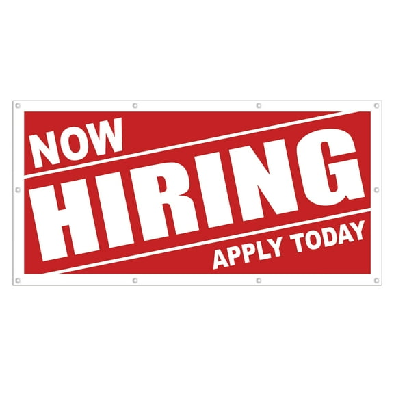 Now Hiring 13 oz Heavy Duty Vinyl Banner Indoor/Outdoor Help Wanted Sign for Business, Storefront, Advertising, Multiple Sizes & Colors Single-Sided with Metal Grommets (8x4 Ft, White & Red)