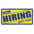 thumbnail image 1 of Now Hiring 13 oz Heavy Duty Vinyl Banner Indoor/Outdoor Help Wanted Sign for Business, Storefront, Advertising, Multiple Sizes & Colors Single-Sided with Metal Grommets (6x4 Ft, Blue & Yellow), 1 of 6