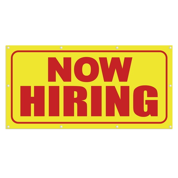 Now Hiring 13 oz Heavy Duty Vinyl Banner Outdoor/Indoor Help Wanted Sign for Business, Storefront, Advertising Multiple Sizes & Colors Single-Sided with Metal Grommets (8x4 Ft, Yellow & Red)