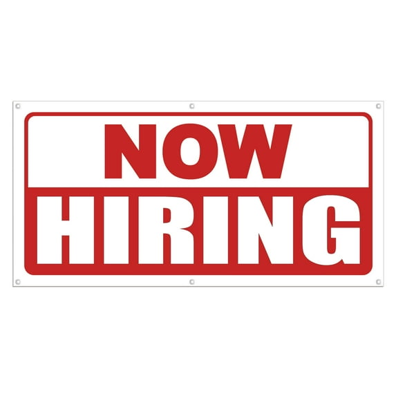 Now Hiring 13 oz Heavy Duty Vinyl Banner Outdoor/Indoor Help Wanted Sign for Business, Storefront, Advertising, Multiple Sizes & Colors Single-Sided with Metal Grommets (5x1.5 Ft, White & Red)