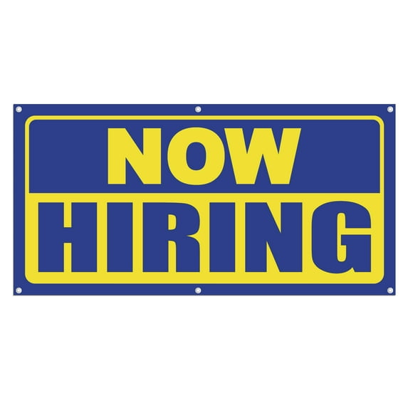 Now Hiring 13 oz Heavy Duty Vinyl Banner Outdoor/Indoor Help Wanted Sign for Business, Storefront, Advertising, Multiple Sizes & Colors Single-Sided with Metal Grommets (5x1.5 Ft, Blue & Yellow)