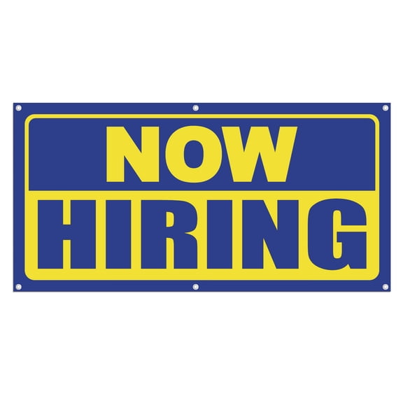 Now Hiring 13 oz Heavy Duty Vinyl Banner Outdoor/Indoor Help Wanted Sign for Business, Storefront, Advertising, Multiple Sizes & Colors Single-Sided with Metal Grommets (5x1.5 Ft, Blue & Yellow)