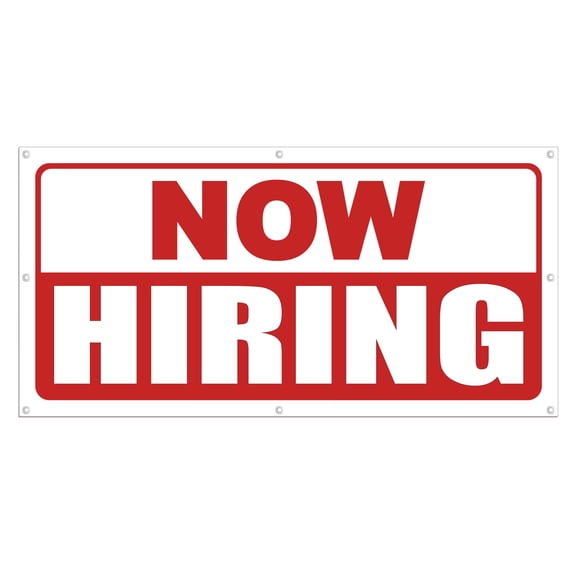 Now Hiring 13 oz Heavy Duty Vinyl Banner Outdoor/Indoor Help Wanted Sign for Business, Storefront, Advertising, Multiple Sizes & Colors Single-Sided with Metal Grommets (6x4 Ft, White & Red)