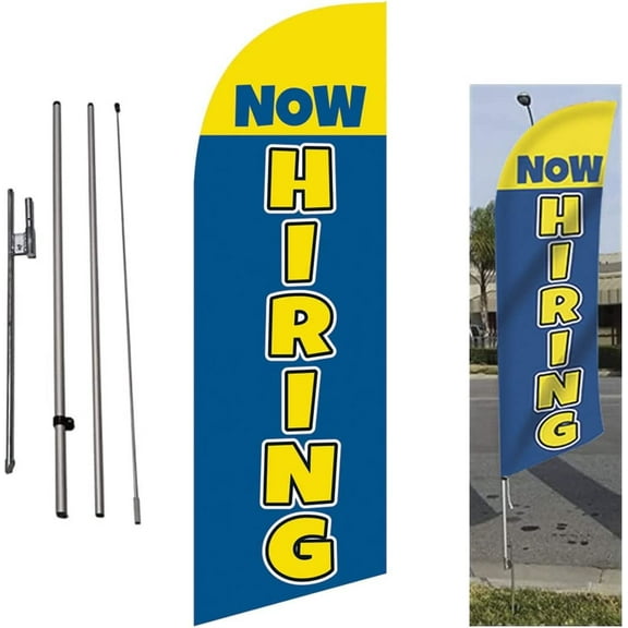 Now Hiring 8ft Advertising Feather Banner Swooper Flag Signs with Flag Pole Kits and Ground Stakes for Businesses, blue, yellow