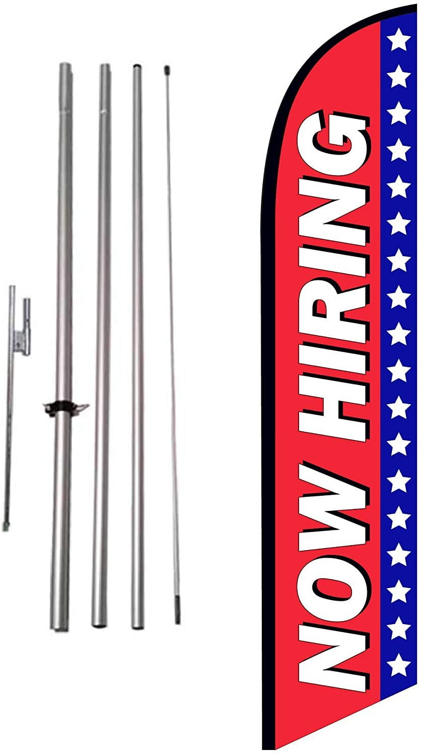 Now Hiring Advertising Feather Banner Swooper Flag Sign with Flag Pole Kit and Ground Stake for Businesses, Patriotic Theme