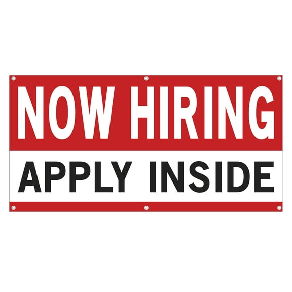 Now Hiring Apply Inside 13 oz Heavy Duty Vinyl Banner Jobs Available All Positions Help Wanted Sign for Business Advertising Indoor/Outdoor Single-Sided with Metal Grommets (1.5x5 ft, Wh & Re & Bk)
