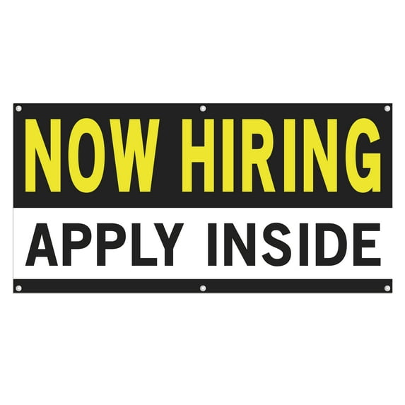 Now Hiring Apply Inside 13 oz Heavy Duty Vinyl Banner Jobs Available All Positions Help Wanted Sign for Business Advertising Indoor/Outdoor Single-Sided with Metal Grommets (3x5 ft, Bk & Wh & Ye)