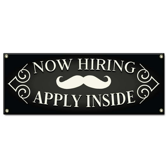 Now Hiring Apply Inside Barber Shop | 18" X 48" Banner | Heavy Duty 13oz. Outdoor Vinyl Single Sided With Grommets | Made in The USA