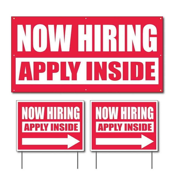 Now Hiring, Apply Inside Vinyl Banner and Outdoor Sign Set, Size 2' x 4' and 18 Inch x 24 Inch