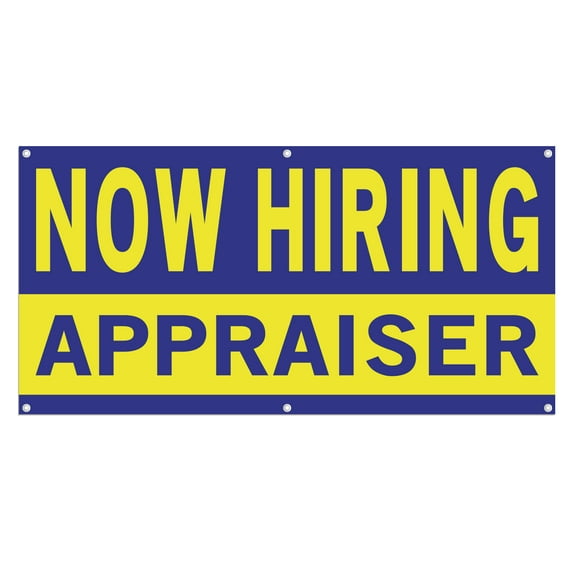 Now Hiring Appraiser 13 oz Heavy Duty Vinyl Banner Appraiser Jobs Available Appraiser Help Wanted Sign for Business Indoor/Outdoor Single-Sided with Metal Grommets (2x5 ft, Bl & Ye)